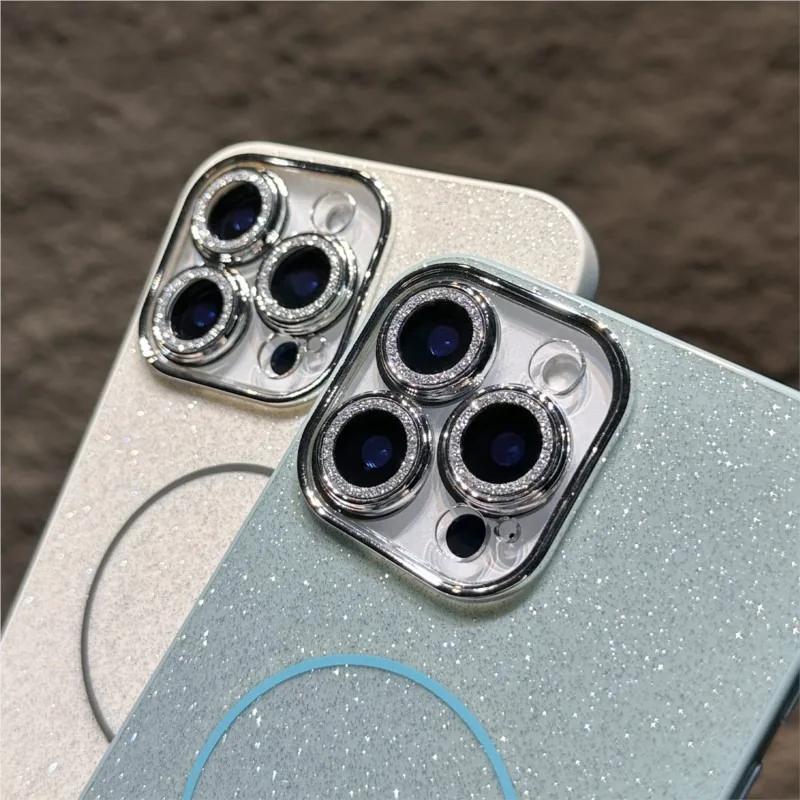 Glitter Glass Camera Protector Phone Case for For Iphone 1 14 16 Plus 11 12 13 16 Pro Max Shining Magnetic Shockproof Cover
