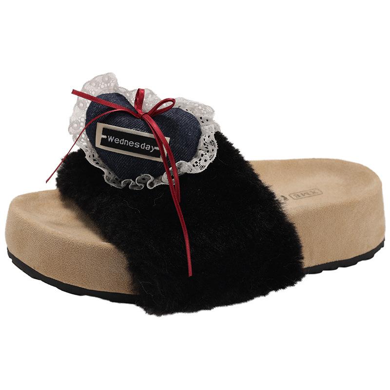 White non-slip thick-soled fluffy slippers for women's outer wear 2025 new autumn and winter heightening non-slip French one-word drag shoes