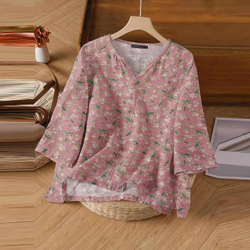 ZANZEA Women Casual V-Neck Loose 3/4 Sleeve Floral Print Blouse