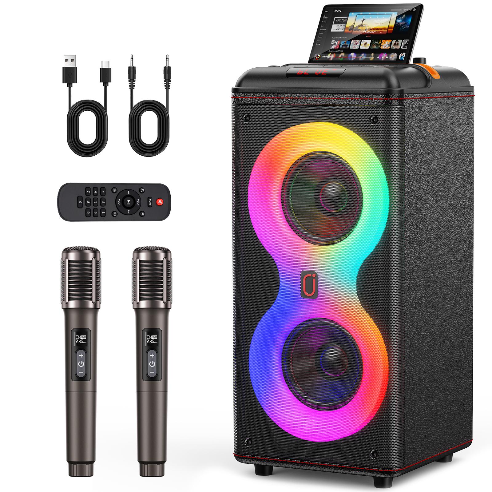 

T39-T Karaoke Machine,Portable Bluetooth Speaker with 2 Wireless Microphones for Adults, Karaoke Box PA System with Disco Lights
