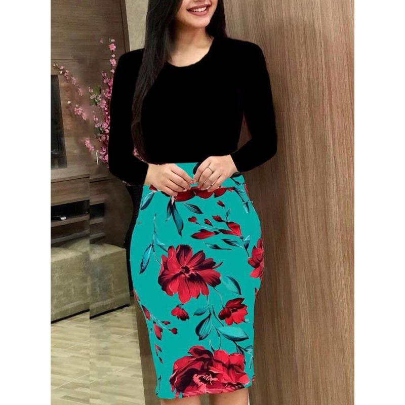 women's Color Block Floral Print Short Sleeve Bodycon Dress Round Neck Pencil Dress