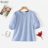 Women Grid Print Casual Round Neck Short Sleeve Blouse