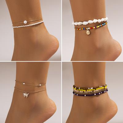 Foot Accessories, Fashion Suit Imitation Pearl Rice Bead Ankle Chain, Resort Beach Conch Full Diamond Butterfly Anklet