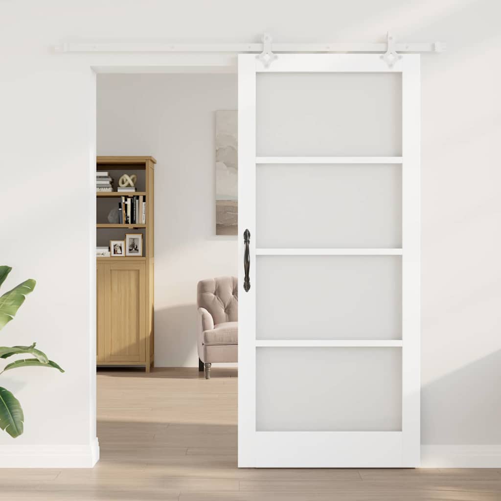 Sliding Door White 93 X 211 Cm Solid Pine Wood and Glass