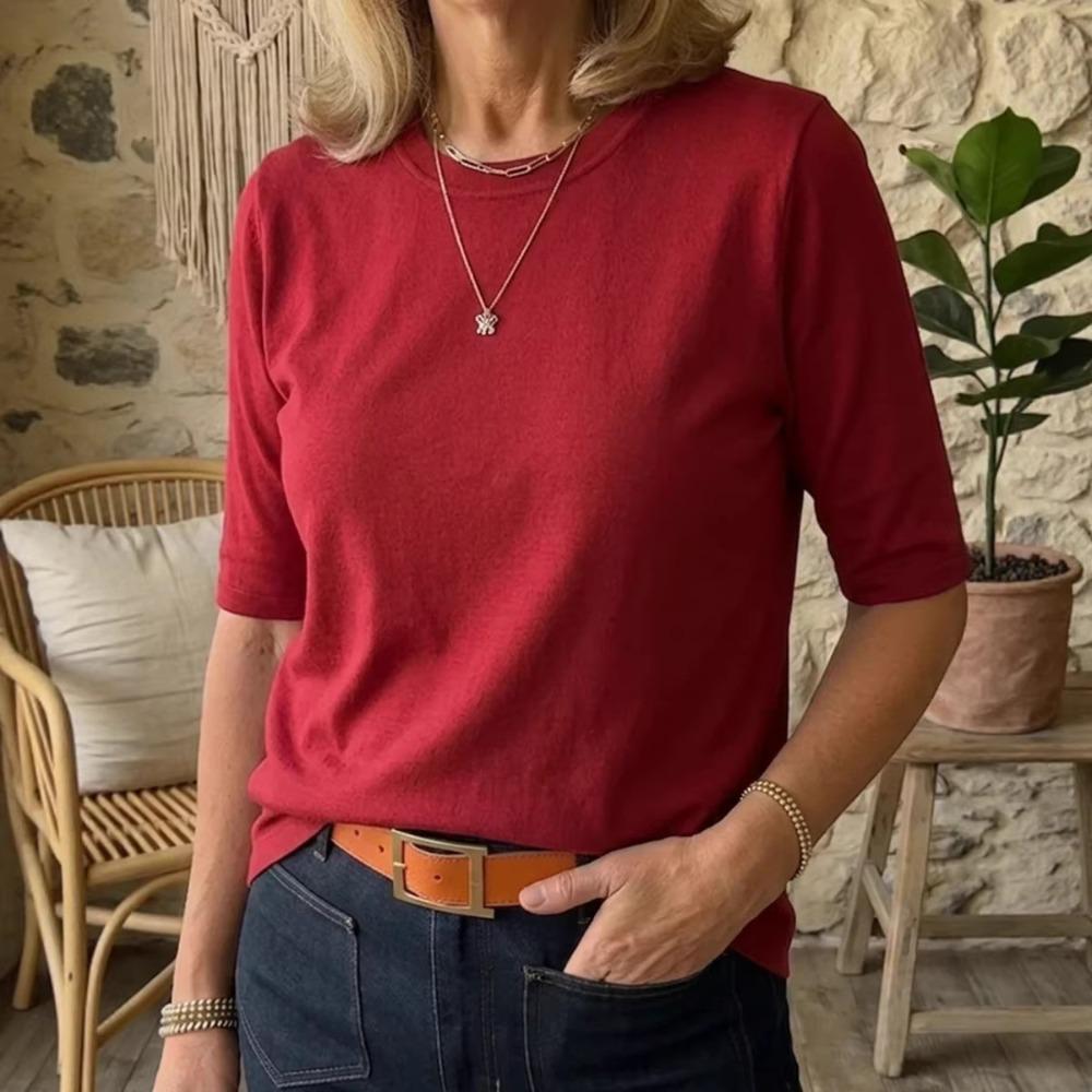 Women Comfort Versatile T-Shirt, Casual Round Neck Shoulder Short Sleeve Top for Inner & Outer Wear