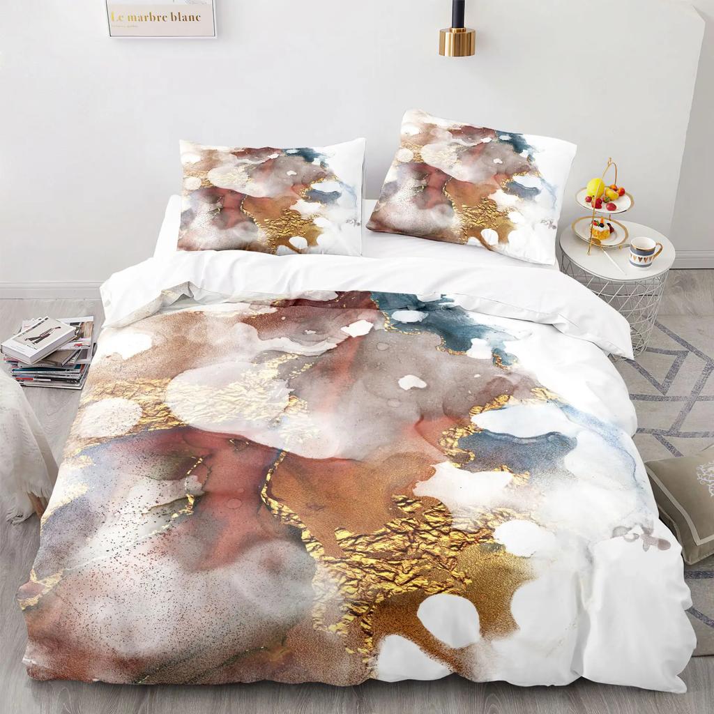Modern Gold Blue Marble Soft Duvet Cover Women Kid Gift Gliter Abstract Marble Luxurious Ink Plus Wash Art Theme Bedrom Decorations