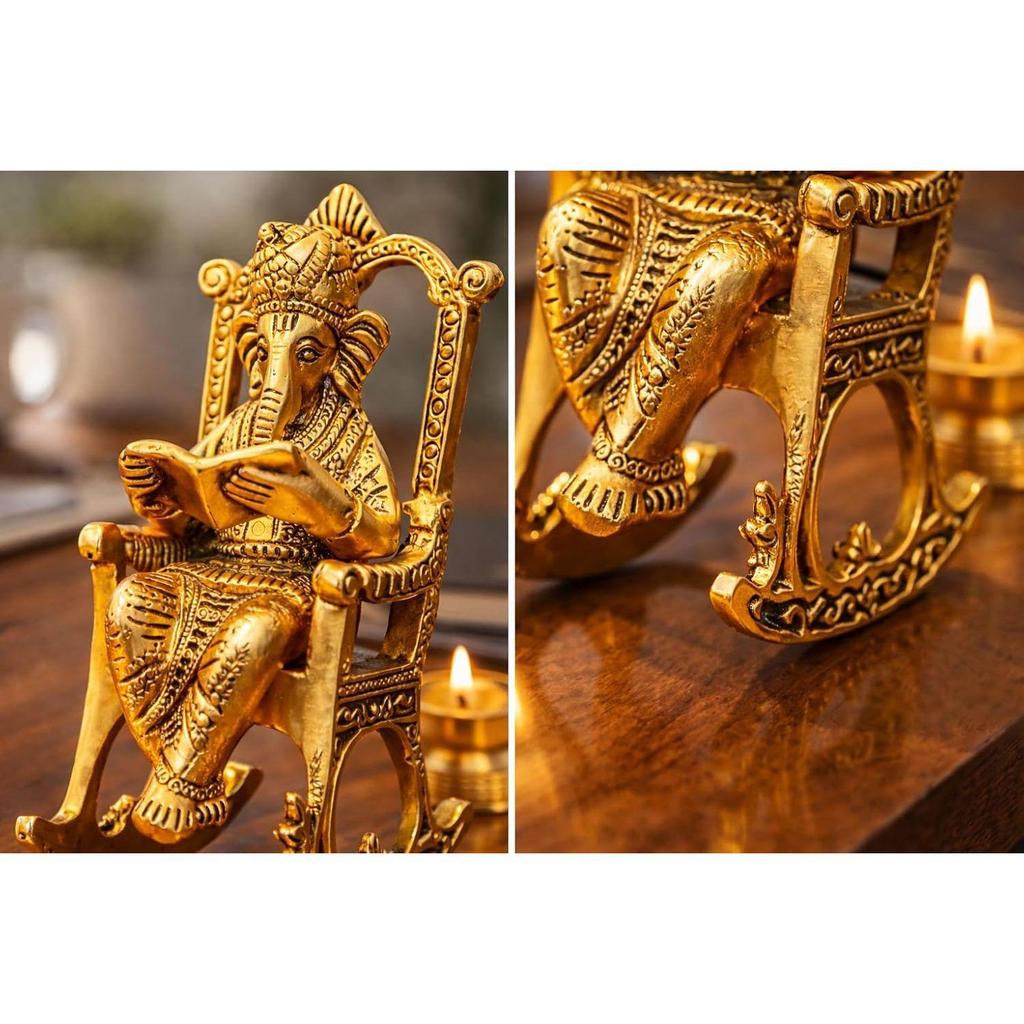 Metal Lord Ganesh Reading Ramayana Statue Ganpati Sitting on Chair with Kuber Diya Idol for Home Office and Gifts Decor