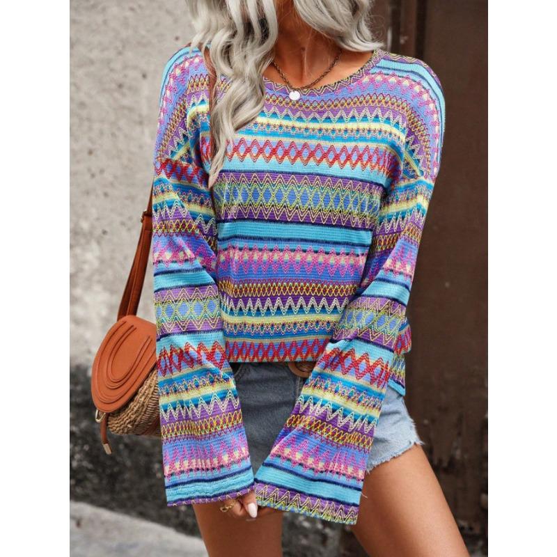 Damen S Locker Mode Langarm Strickoberteil Rundhalsausschnitt Geometrisches Muster