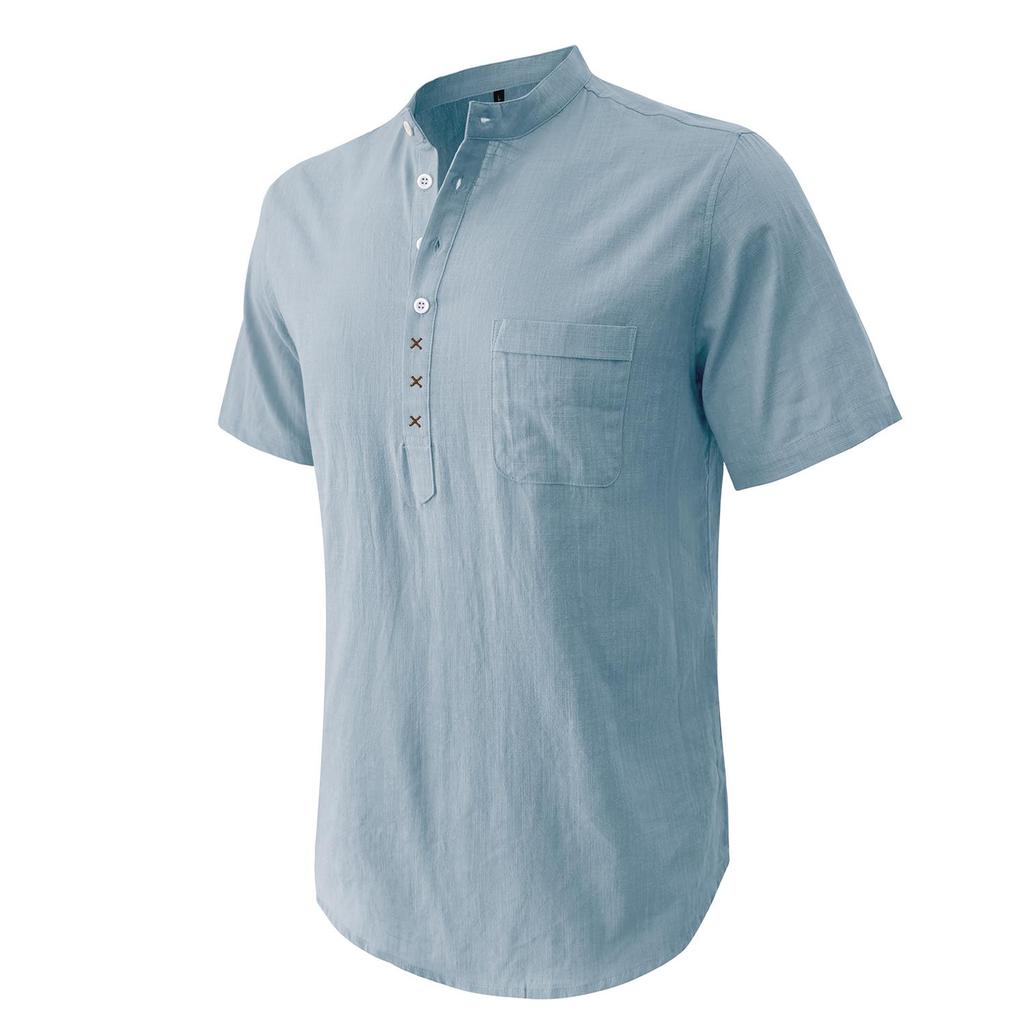 Cotton Linen Shirts for Men Solid Color Short Sleeves Henley Collar Loose Shirt Holiday Hawaiian Beach Casual Wear Comfy Fashion Menswear