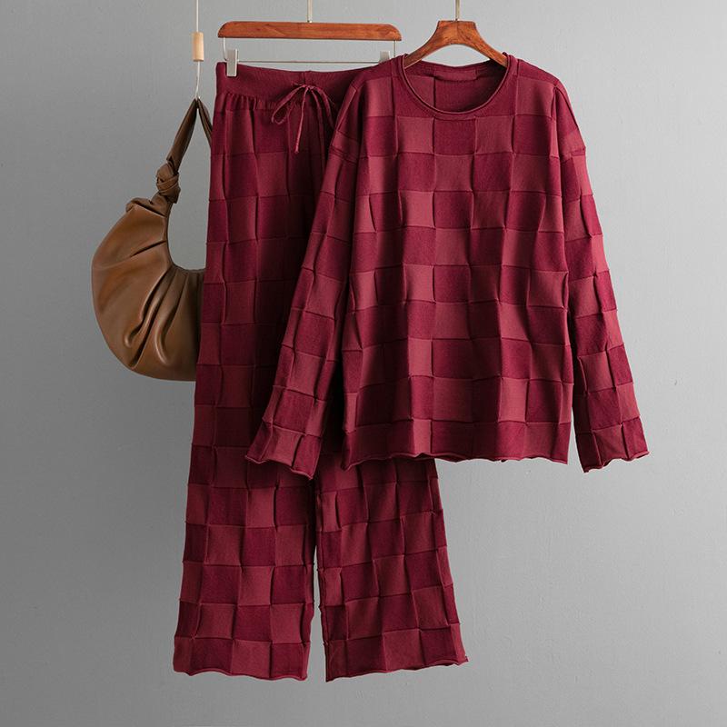 Square Grid Knitted Suit Women's Autumn And Winter Loose Oversized Sweater Casual Wide Leg Pants Two-piece Set