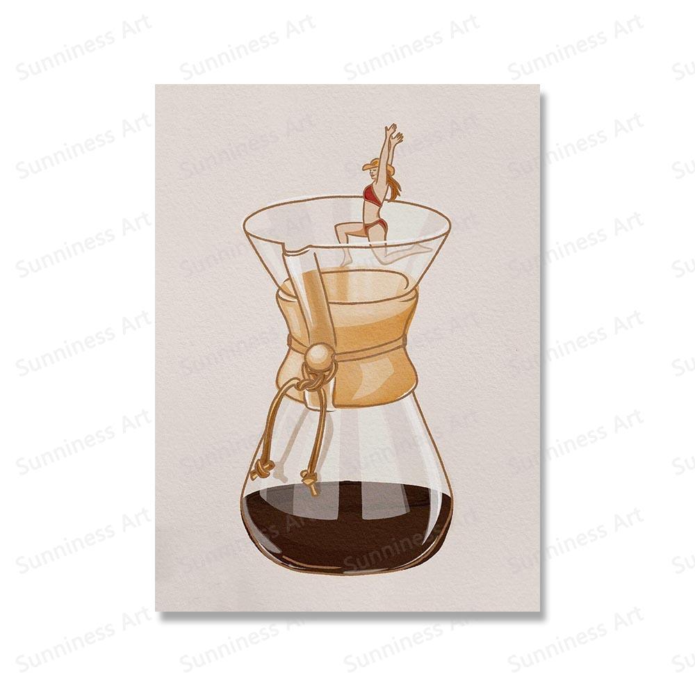 Funny Coffee Moka Pot Girl Abstract Wall Art Canvas Painting Posters And Prints Kitchen Pictures For Bar Living Room Home Decor