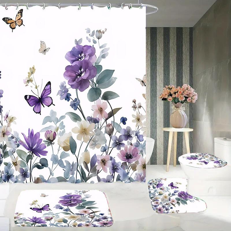 

Butterfly Trees, Flowers And Plants, Digital Printing, Shower Curtain, Bathroom Four-Piece Set With Hooks Floormat40x60cm
