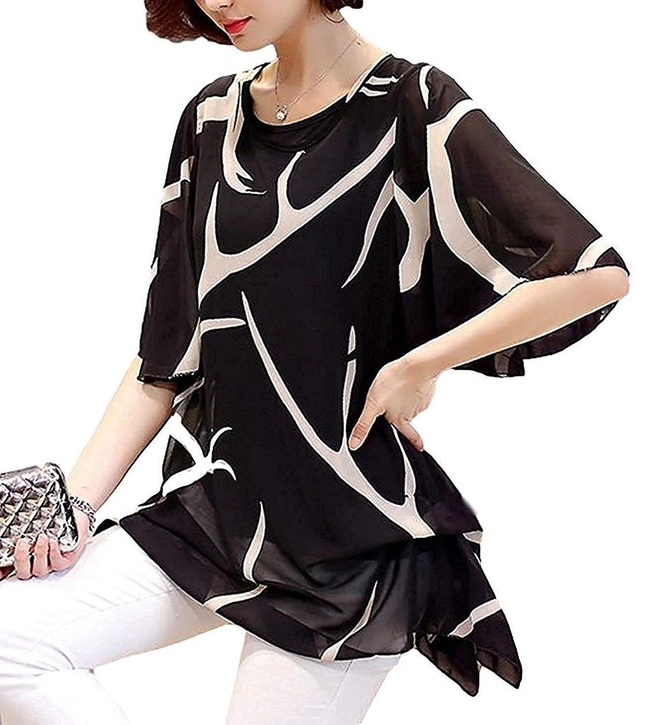 Aspersio Beautiful Chiffon Design Tops Flared Sleeves Sleeves Tunic Sleeves Slimming Pullover Shirt Sexy Striped Casual Cute Loose Satin Bicolor Round