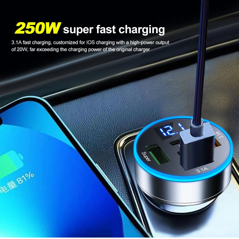 250 W automobilinis įkroviklis 5 viename greito įkrovimo adapteris 3USB +2PD QC3.0 automobilinio telefono įkroviklis su įtampos monitoriumi išmaniesiems telefonams