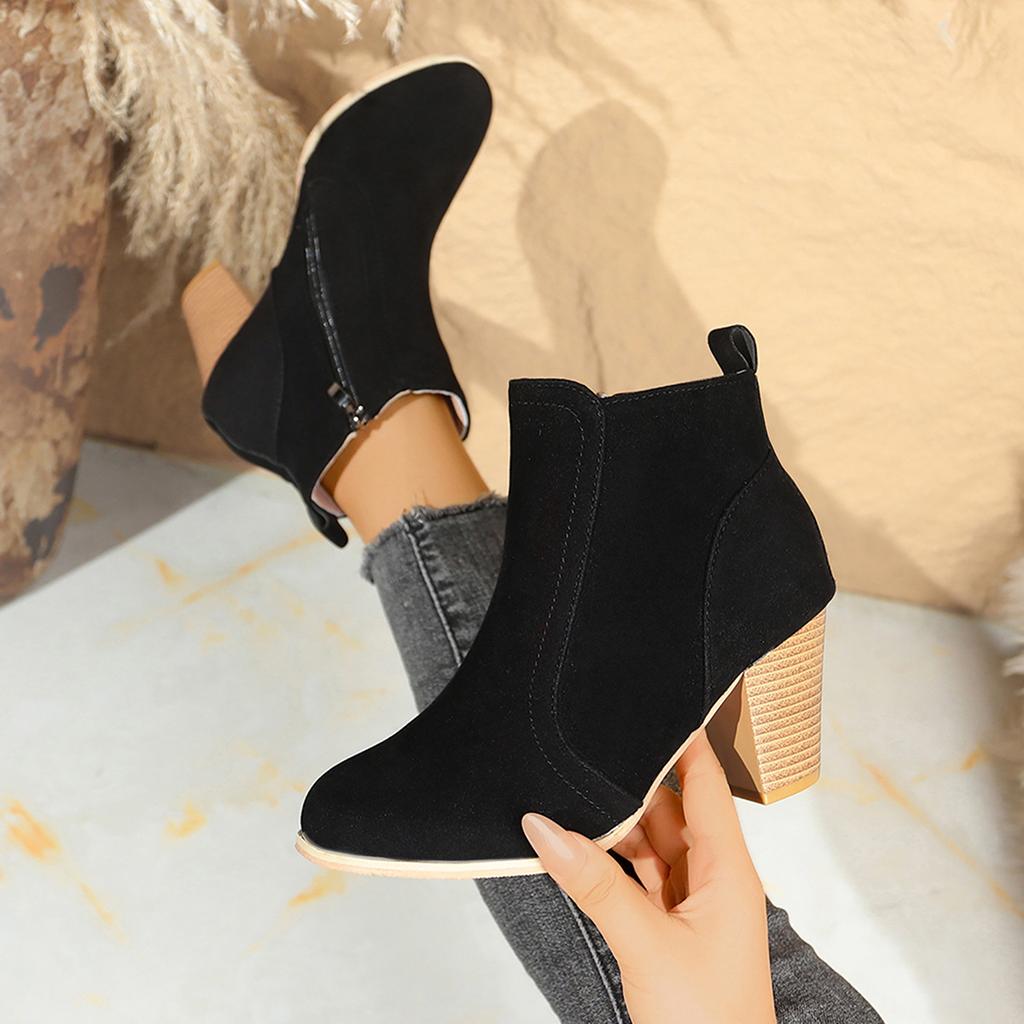 Autumn and Winter New Round Toe Solid Color High Heel Short Tube Side Zipper Fashion Boots Women