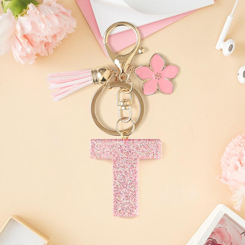 

DIY Pink English Letter Keychain with Glitter & Flower Tassel for Women