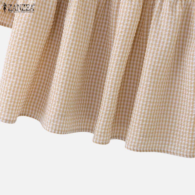 ZANZEA Women Casual Square Collar Plaid Print Loose 3/4 Sleeve Blouse
