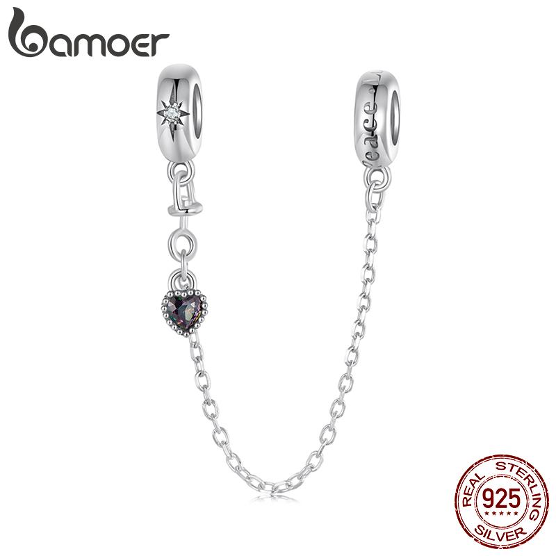 BAMOER 925 Sterling Silver Peace Charm Anti War Charm Peace & Love Silicone Safety Chain Fit Original Bracelet Necklace DIY Gift