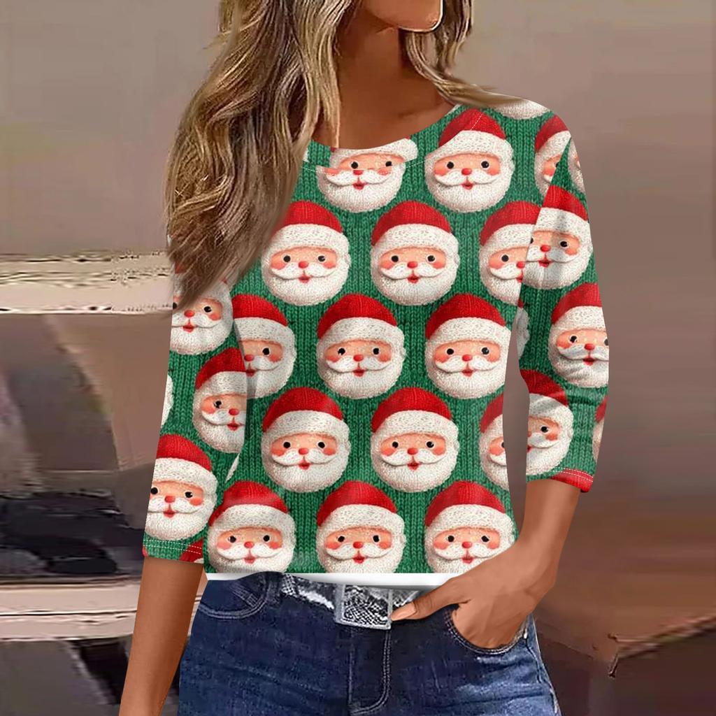 Women's Fashionable Casual Three Quarter Sleeve Christmas Printed Round Neck Top