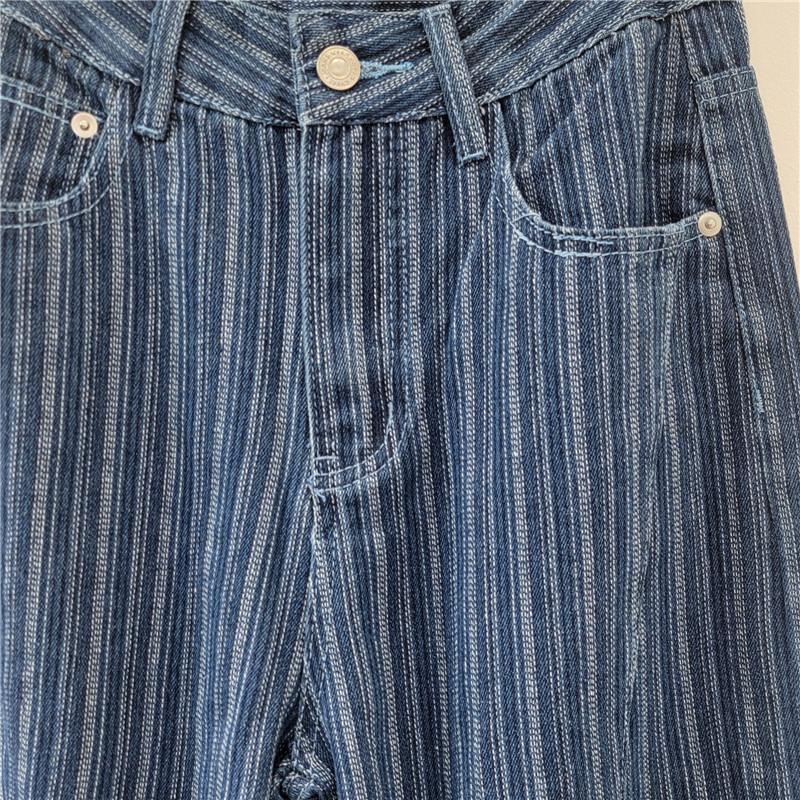 Women's High Waist Washed Striped Loose Straight Wide Leg Vintage Casual Denim Pants Summer Fashion