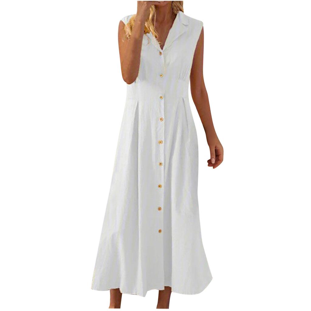 Cotton and linen dress, new suit collar, solid color button cotton and linen dress, dress.
