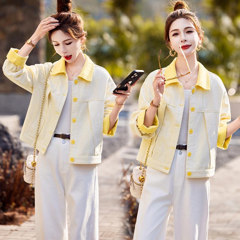 

2025 Весенняя женская корейская приталенная повседневная куртка из выстиранного хлопка с отложным воротником XL (120-130 Jin) светло-желтого