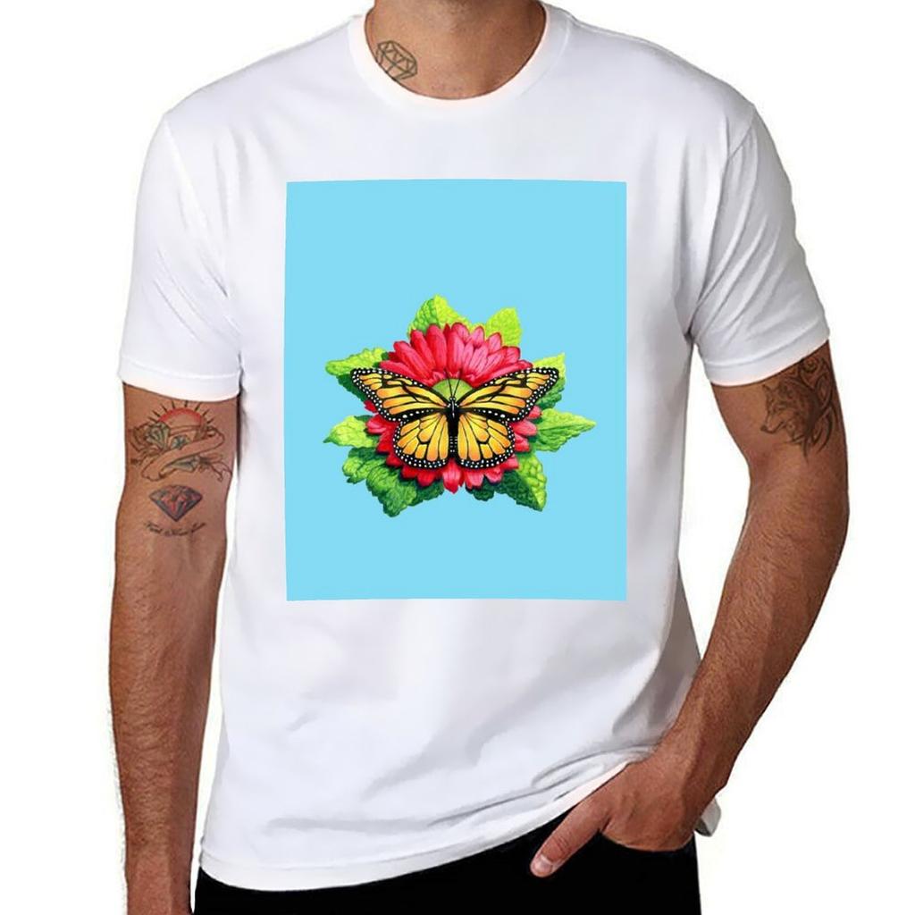 Monarch Butterfly on Magenta flower TShirt Soft Casual Short Sleeve Cotton Tee