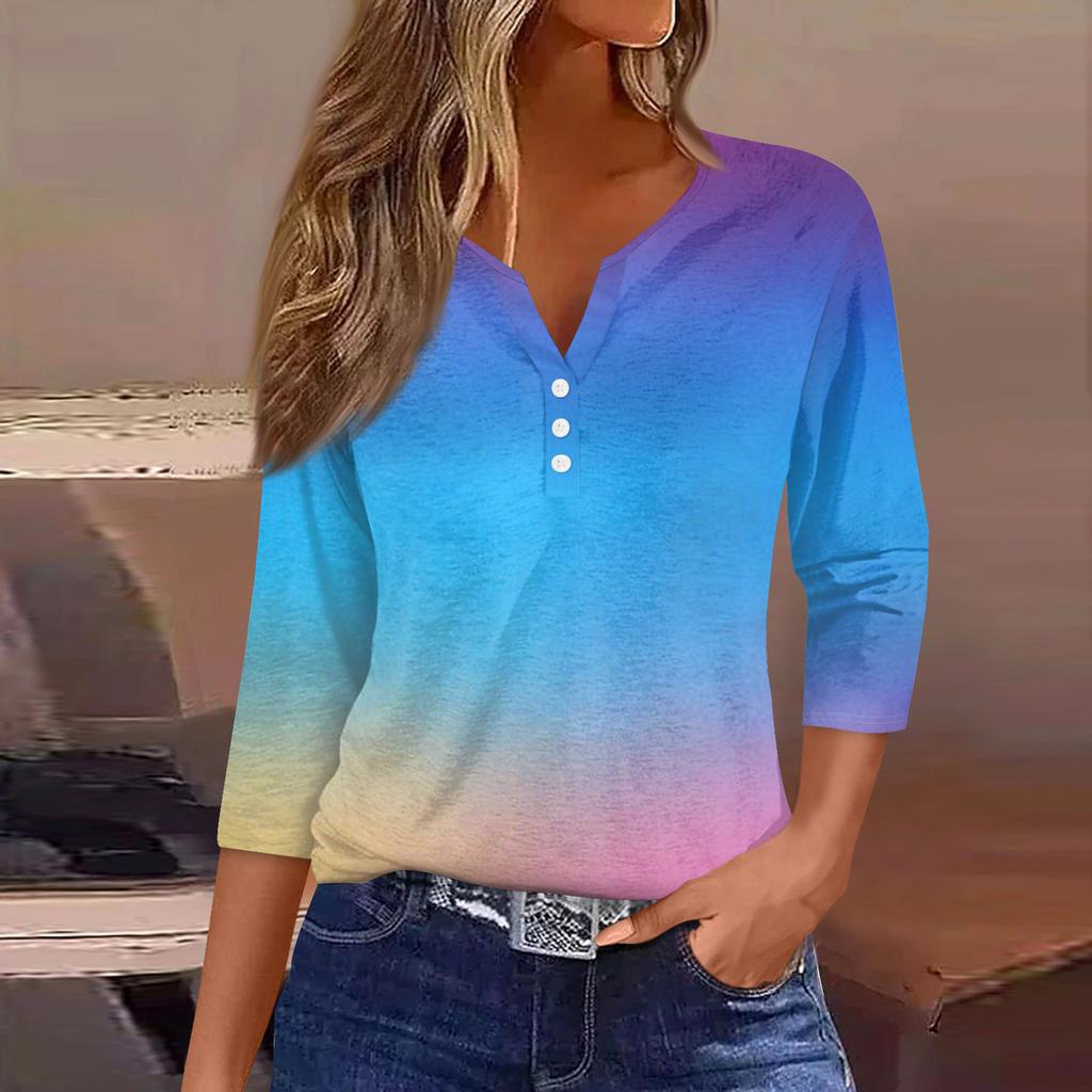 Damen T-Shirt mit Aufdruck, Knopfleiste, 3/4-Ärmel, modisch für den Alltag und das Wochenende, Basic, V-Ausschnitt, normales Oberteil