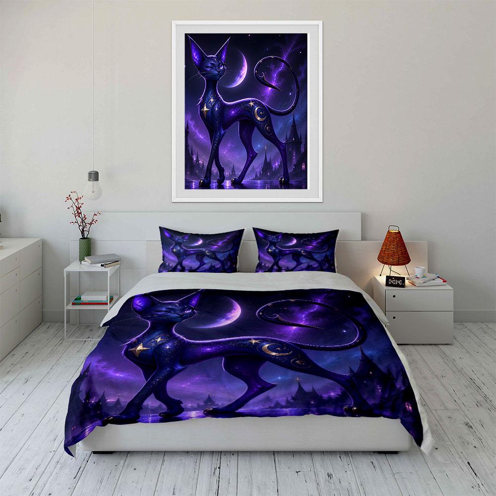 Enchanted Purple Cat In Moonlit Night Print Bedding Set 1 Duvet Cover 2 Pillowcases for Adult and Children Luxury Gift