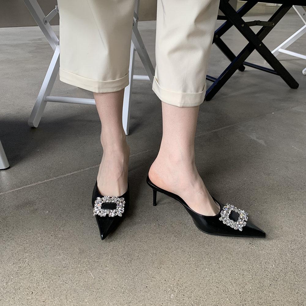 fashion Gold White Black Silver Summer Outside Dress Shoes Thin High Heels Rhinestone Crystal Buckle Sexy Pumps Shoes Woman Size 35-39
