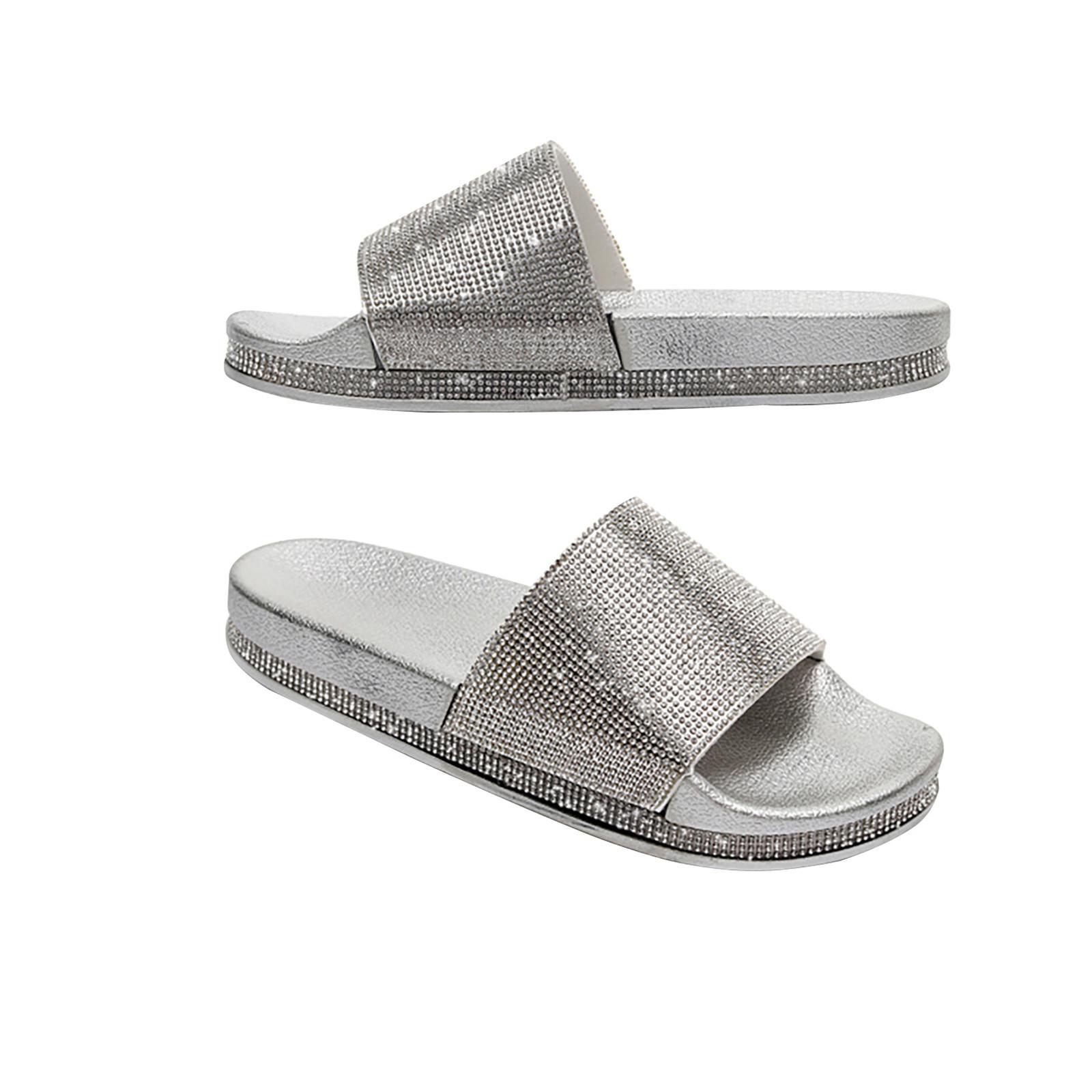 

Женские тапочки с бриллиантами, повседневные шлепанцы, красивые сандалии со стразами на толстой подошве 41 серебряный