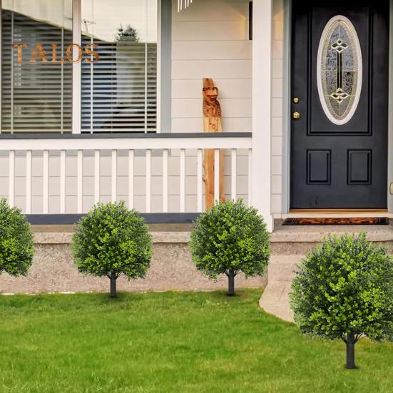 Künstlicher Buchsbaum-Formschnitt-Kugelbaum mit Erdspieß, UV-beständig, wetterfest, Kunstgrün, Sträucher, für den Außenbereich, Garten, Veranda, Terrasse, künstliche Buchsbaumpflanzen
