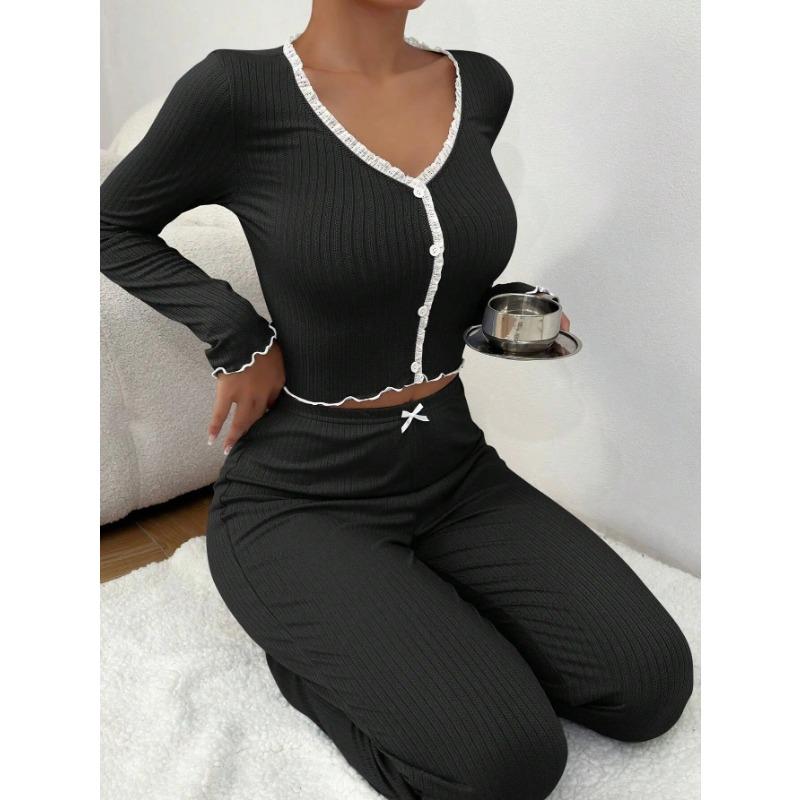 Women's Pajamas Homewear Set Under Sexy Lingerie Pajamas Long-Sleeved Trousers Slim Sexy Lace Double-Length Pajamas Homewear
