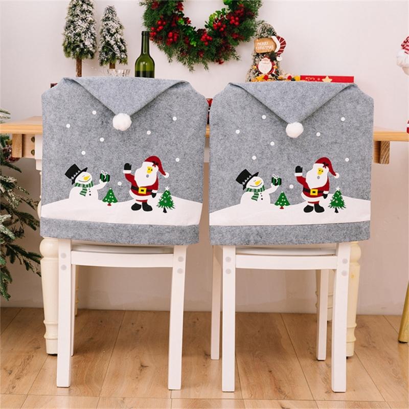 Chair Covers Gray Santa Hat Shape for Dining Room Chair Back Cover Slipcover for Christmas Holiday Festival Decoration