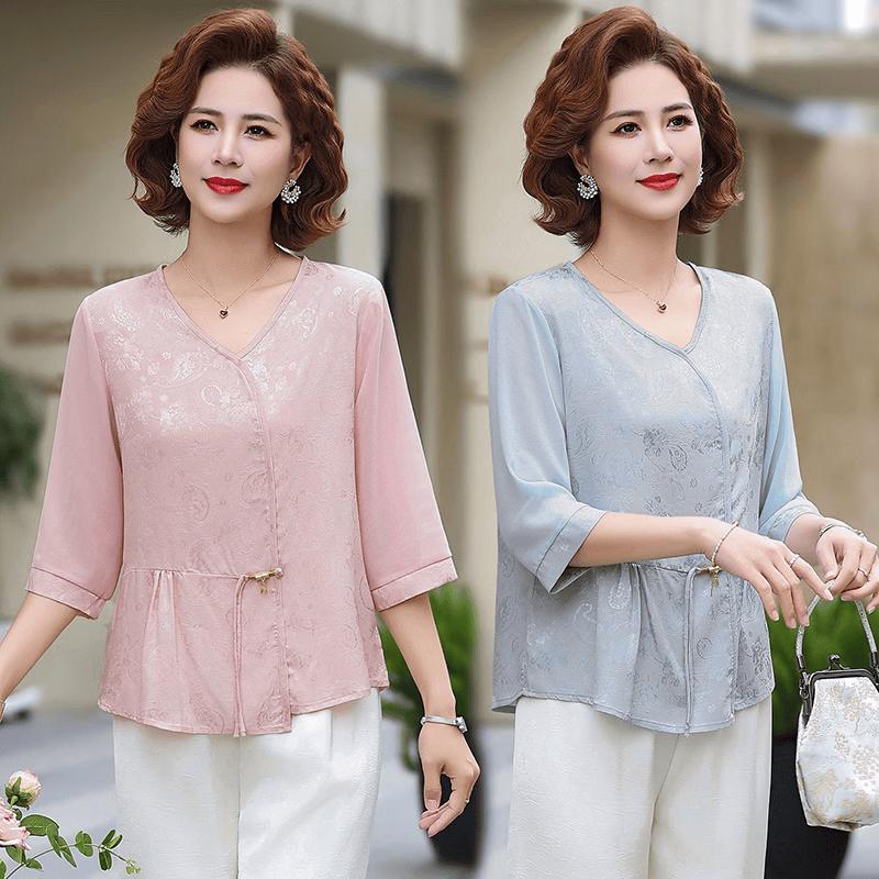 Elegant Chinese Style Embroidered Summer Blouse & Top Set for Moms XL