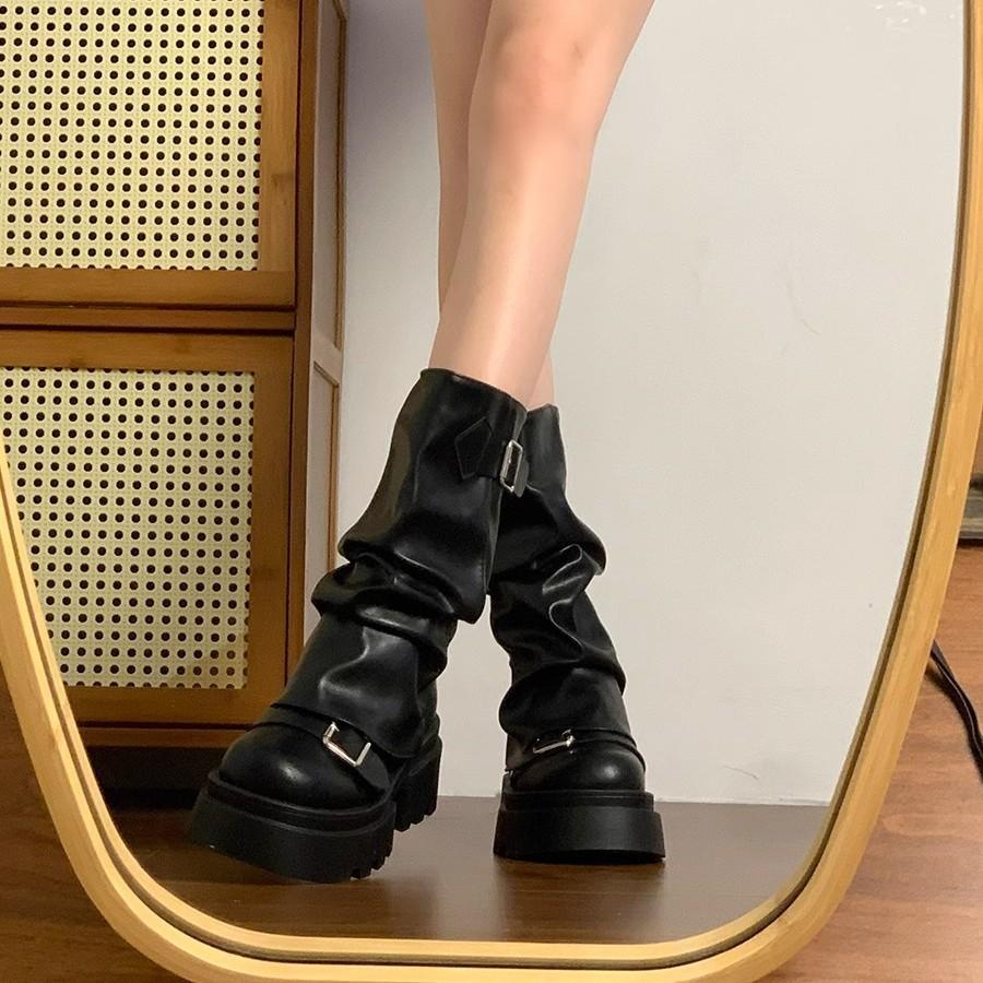 Retro Brown Thick-soled Heightening Martin Boots Women's 2025 New Spring and Autumn Maillard Stacking Boots Medium Tube Pants Tube Boots