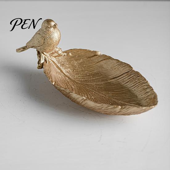 Small Item Organizer Elegant Bird Leaf Shaped Trinket Dish, Resin Jewelry Tray, Vintage Gold Ring Aesthetic Room Decorations Holder for Nightstand