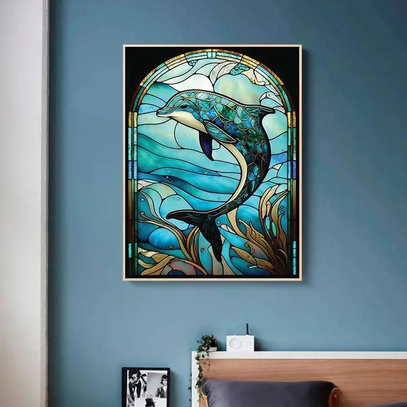 Marine Animals Canvas Painting Dolphin Blue Whale Stained Glass Posters Prints Abstract Wall Art Pictures for Living Room Decor