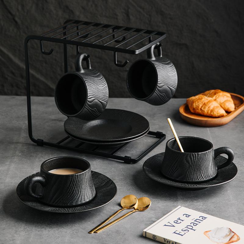 Capuccino Cups with Saucers and Metal Stand, 250ml Ceramic Coffee Cup Espresso Shots Cup Small Coffee Cups, Black and White