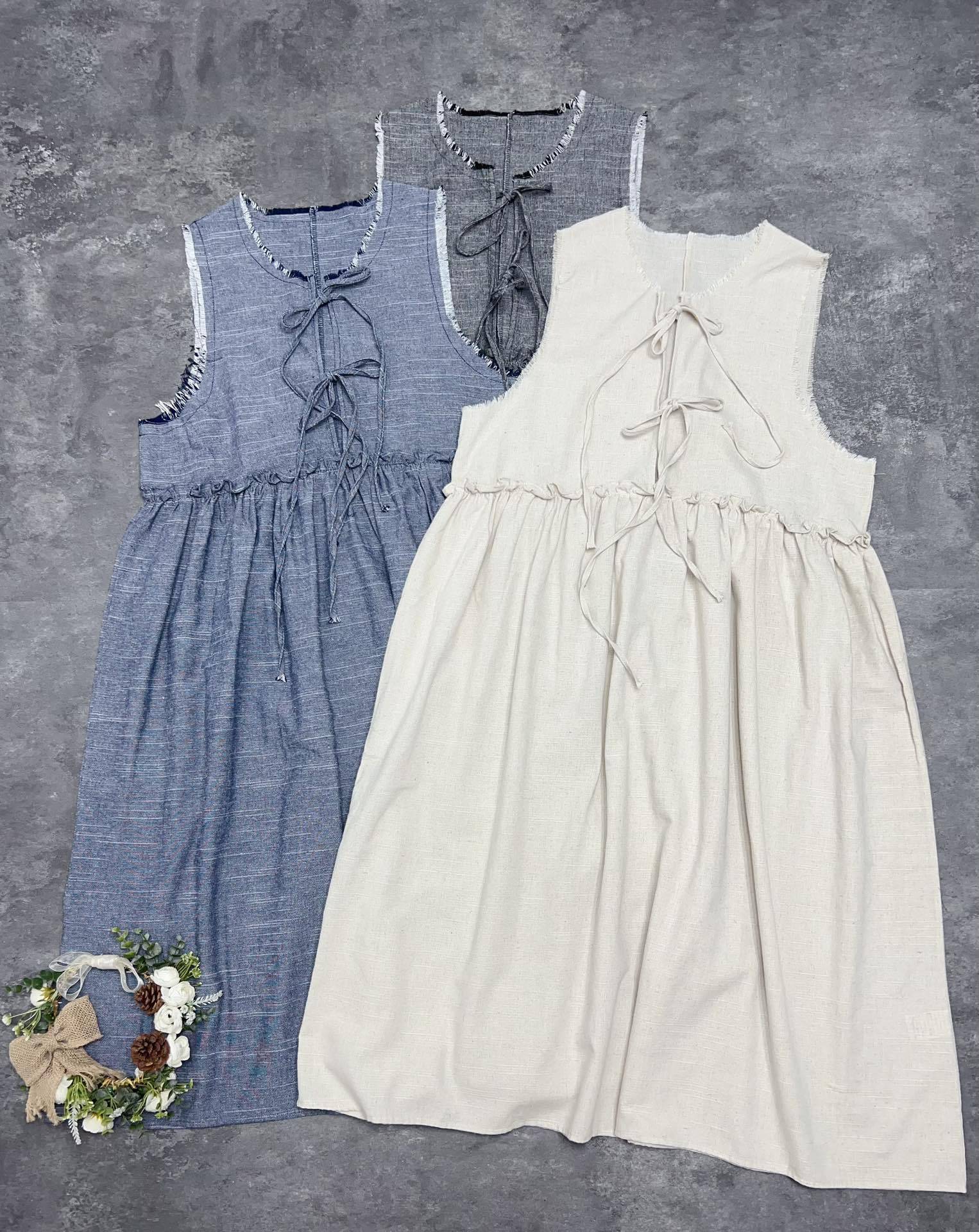 

Johnature Japanese Fried-edged Lace-up Vest Dresses Spring Summer Smock Layered Casual Loose Women Dresses One Size серый