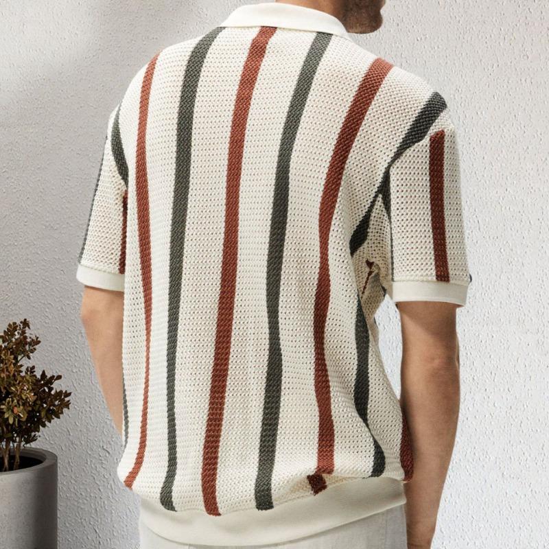 Men's Striped Knit Polo Shirt Casual Short Sleeve Textured Loose Fit Streetwear Top