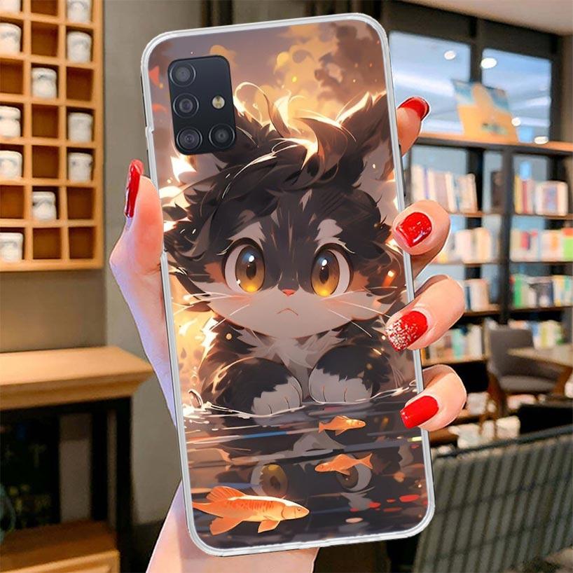 Cartoon Cute Cat Fish Aesthetic Cover Phone Case For Samsung Galaxy A12 A22 A32 A52 A72 A02S Phone Case Note 20 Ultra 10 S10 Plu