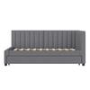 90x200cm Velvet Fabric Upholstered Bed with Pull-out Bed Headboard Line Texture Strong Wood Slat Support Bed Home Furniture, Grey