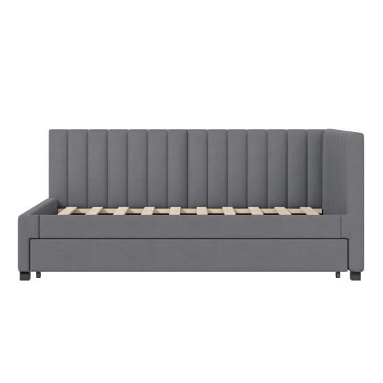 90x200cm Velvet Fabric Upholstered Bed with Pull-out Bed Headboard Line Texture Strong Wood Slat Support Bed Home Furniture, Grey