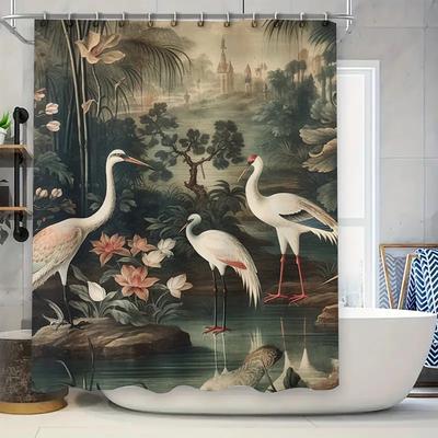 Exquisite Oriental Bird Bathing Curtains Vintage White Crane Print Shower Curtain For Bathroom Decoration