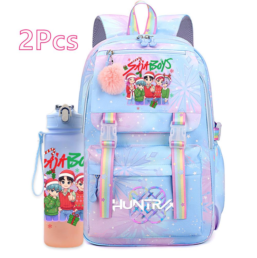 2Pcs/set Christmas K-pop Printed Backpack with 750Ml Water Bottler Large Capacity Travel Bag for Teenager Girl Boy Bookbag Kid Gift Large Capacity Bag