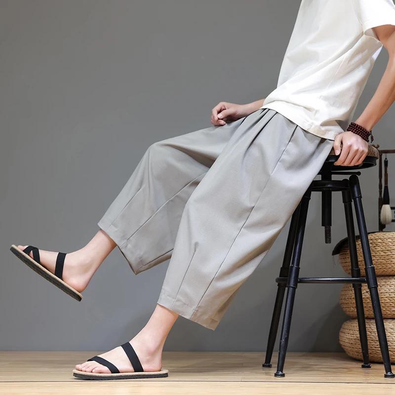 

2026 Men Chinese Style Beach Pants Men Retro Streetwear Ankle-Lenght Bottoms Man Traditional Trousers Summer Harem Pants 3XL сірий