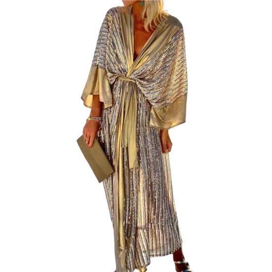 

Платье женское осеннее с глубоким V-образным вырезом, рукавами летучая мышь, шнуровкой, струящимся подолом, пайетками, элегантное, праздничное, кардиган, длинное платье, женская одежда XL жёлтый