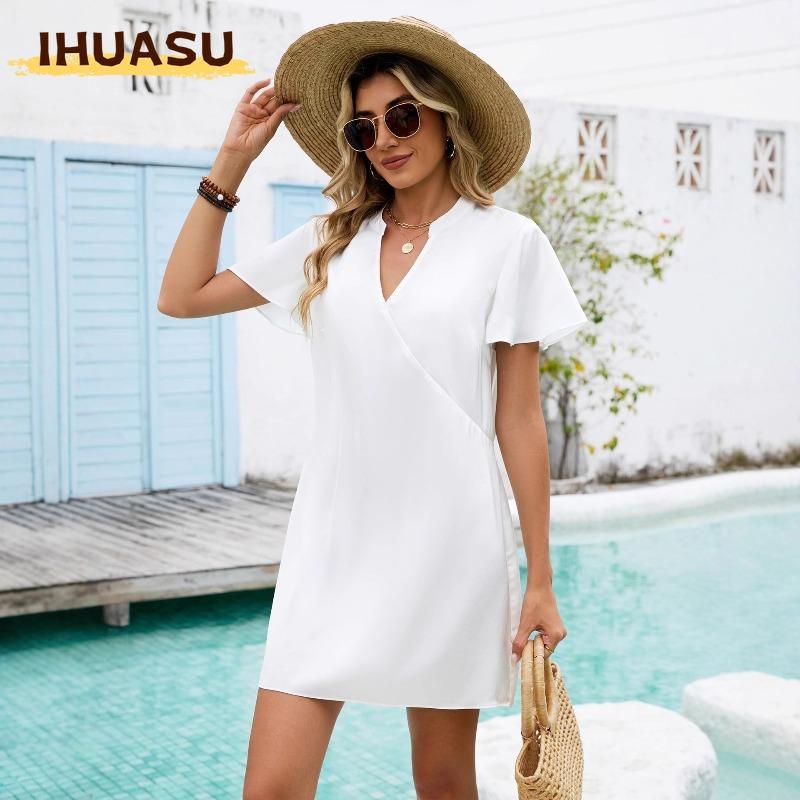 IHUASU Women's Fashion Summer Spring Solid Color Print V-Neck Short Sleeve Casual Dresses