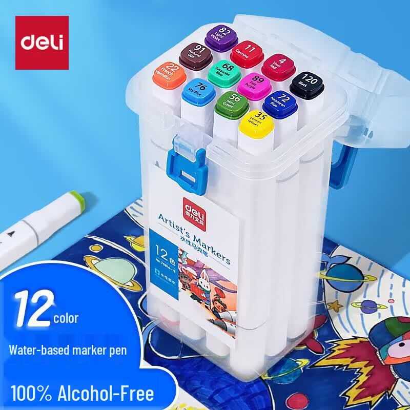 Deli 12-Color Dual-Tip Water-Based Marker Set